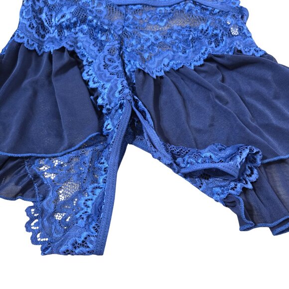 NWOT | Blue Lace Halter Babydoll Lingerie Romper Crotchless Mesh Skirt | Medium - Picture 3 of 5